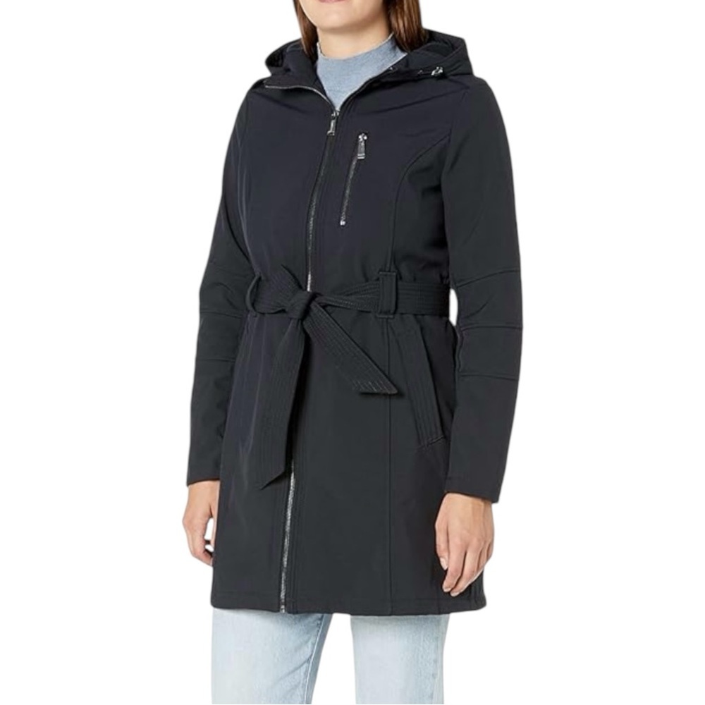 BCBGeneration Black Long Hooded Rain Jacket Utility Trench Coat Tie Waistband